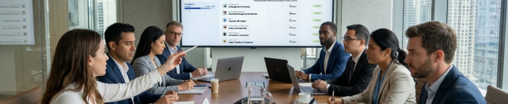 Finance team reviewing transparent marketing dashboard.
