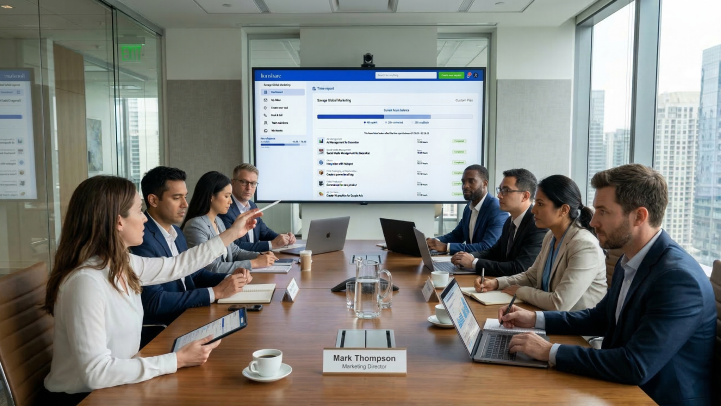 Finance team reviewing transparent marketing dashboard.